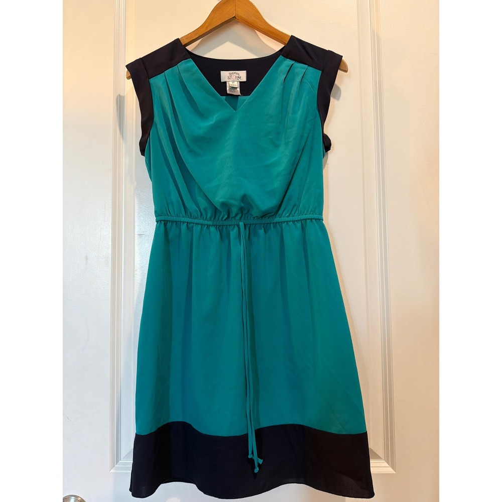 Sweet Storm Women Jade Navy Colorblock Sleeveless V-Neck Pleated Dress Medium